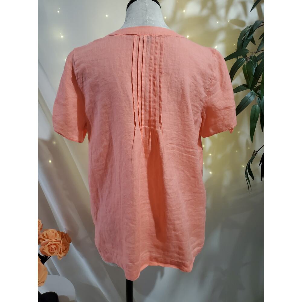 Talbots Linen Slit Tie Short Sleeve Notch Neck Blouse Top Size LP Coral Pink - Picture 3 of 10